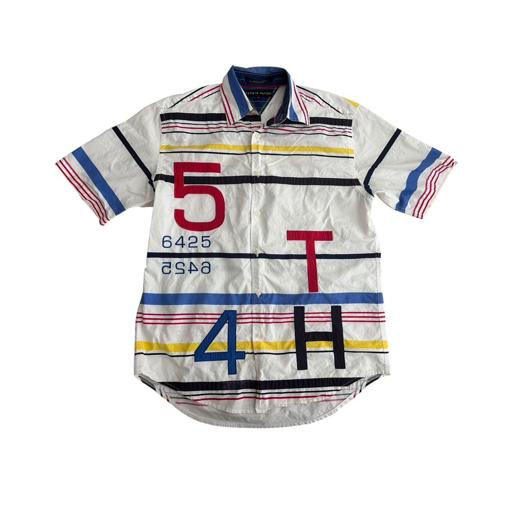 Tommy Hilfiger Shirt Mens Medium White Striped 54 Button Up Preppy